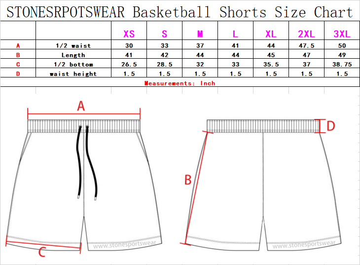 basketball shorts size chart
