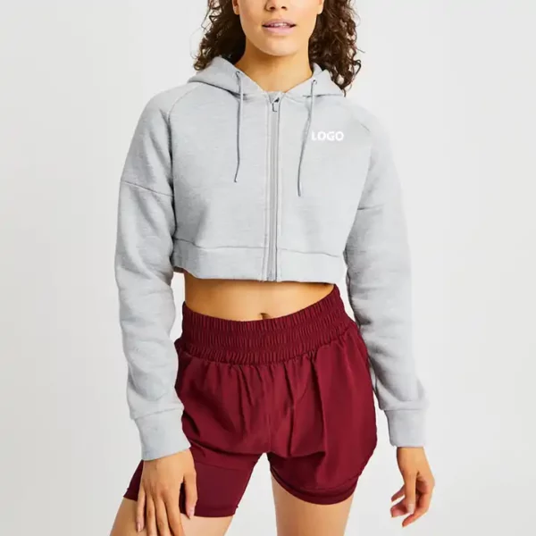 Grey Custom Pullover Running Sport Half Zipper Long Sleeve Women Crop Top Hoodies