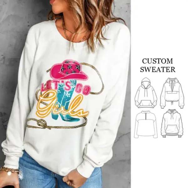 Graphic hoodies embossed crewneck sweatshirt for women