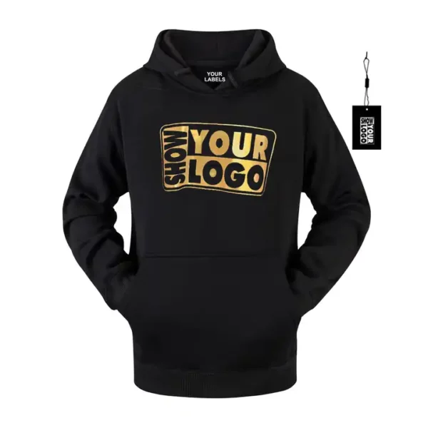 Custom black and gold free labels and hang tags offer hoodies