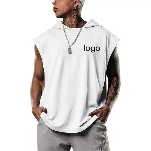 White Custom Mens Gym Sleeveless Men's Hoodie Vest