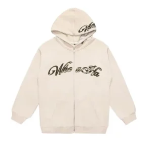 Custom full zip up embroidery logo patch cream hoodie