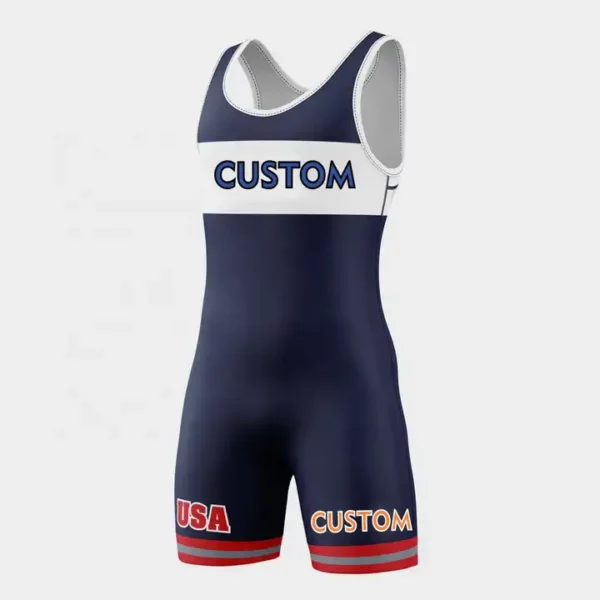 Navy Custom Logo Name Men Body Wear Overalls Wrestling Singlet