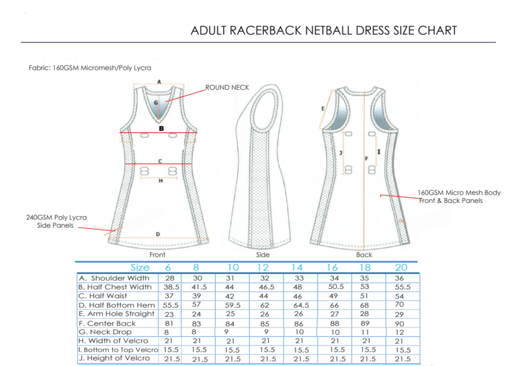 adult netball dress size chart