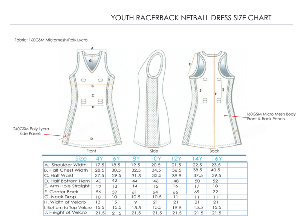 youth netball dress size chart